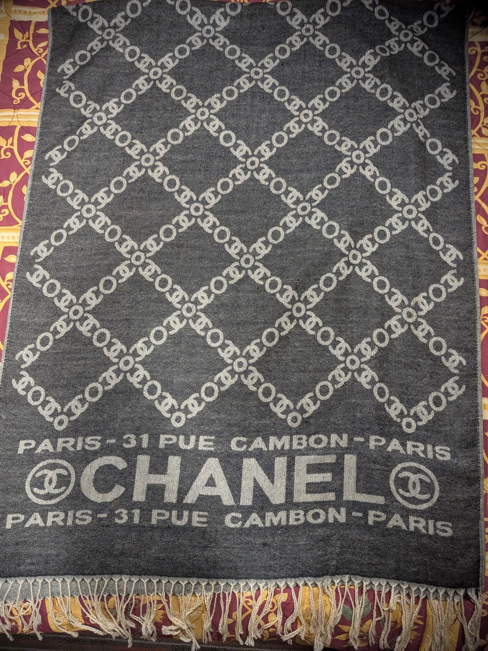 CHANEL Dark Gray and Light Gray Logo Jacquard Throw